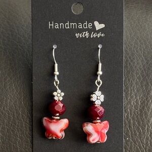 Handmade Red Glass Butterfly Earrings with Silver Accents